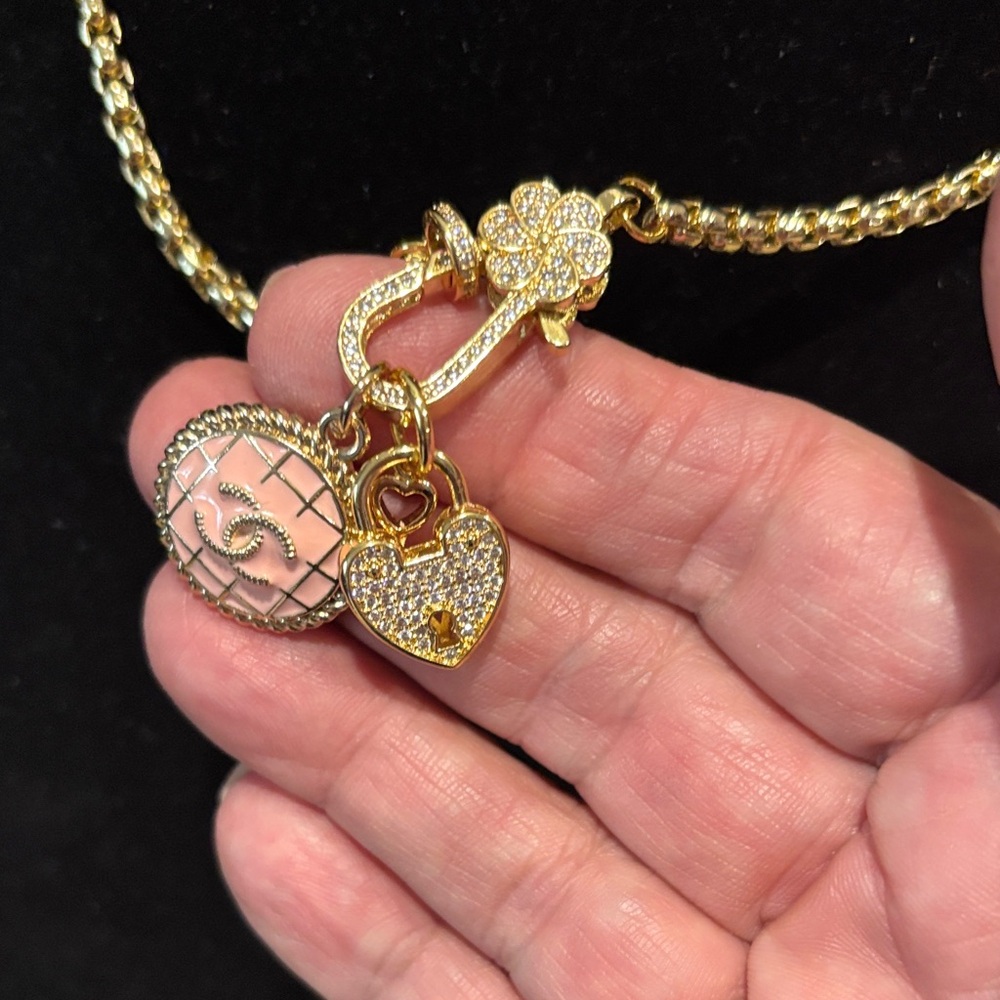 Gold Chain Necklace with Designer Pink Medallion and Heart Charms - Picture 4 of 6